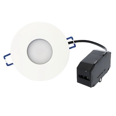 Rund infälld LED-downlight, vit ram, svart elhus, blå monteringsclips