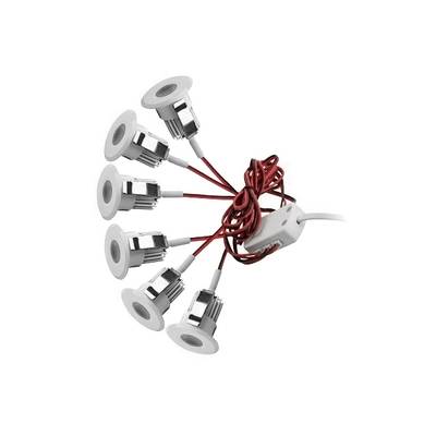 Sex runda LED-lampor med röda kablar anslutna till en vit central strömförsörjning, i form av en fläkt; perfekt för moderna belysningslösningar.