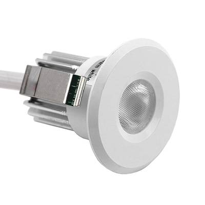 Vit infälld LED-downlight, cirkulär design med monteringsclips i metall, energieffektiv belysning för moderna interiörer.