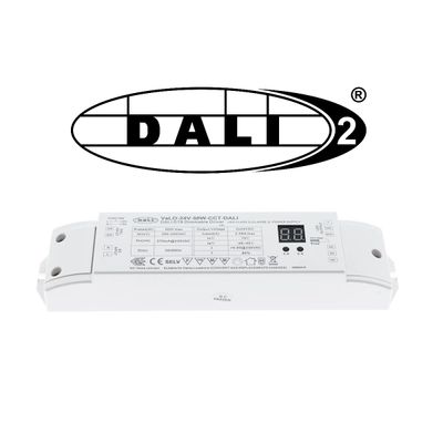 Alternative text: "Vit DALI-2 ljusstyrmodul med vit bakgrund med DALI-logotyp, perfekt för energieffektiva LED-belysningssystem.