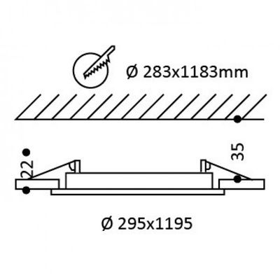 Tekniskt diagram med detaljerade mått för cirkulär håltagning för armaturen, exakta mått och monteringsanvisningar. Idealisk för LED-belysning.