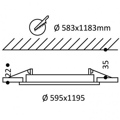 Tekniskt diagram över en rektangulär LED-armatur; inkluderar installationsdetaljer, sågtandsikon och exakta mått i millimeter.