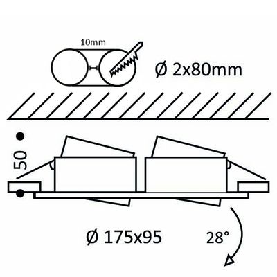 Tekniskt diagram över ett cirkelsågblad med diameter 2x80 mm, vinklar och mått på det kapade materialet. Exakta LED-belysningsverktyg för optimal synlighet.
