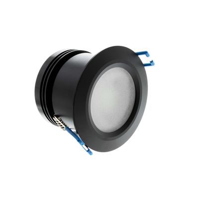 Svart cylindrisk infälld LED-armatur med frostad lins och blå kabelanslutningar för moderna belysningslösningar.