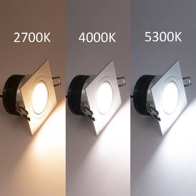 Tre fyrkantiga LED-lampor med varmvit (2700K), neutralvit (4000K) och kallvit (5300K) från vänster till höger.