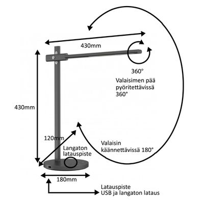 Bordslampdiagram som visar mått, 360° huvudrotation, 180° justerbar arm och USB/trådlös laddningsfunktion för LED-belysning motion SEO.