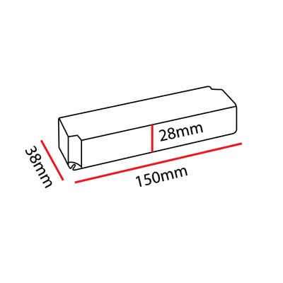 Diagram över LED-belysningskomponent: rektangulärt block med måtten 150 mm längd, 28 mm bredd och 38 mm höjd i konturform.