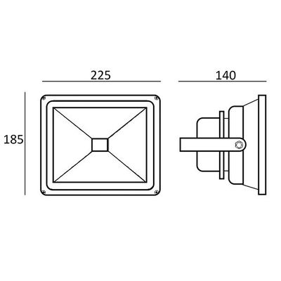 Schematisk bild av en rektangulär LED-strålkastare med måtten: höjd 185 mm, bredd 225 mm, djup 140 mm; inkluderar fram- och sidovyer som referens.