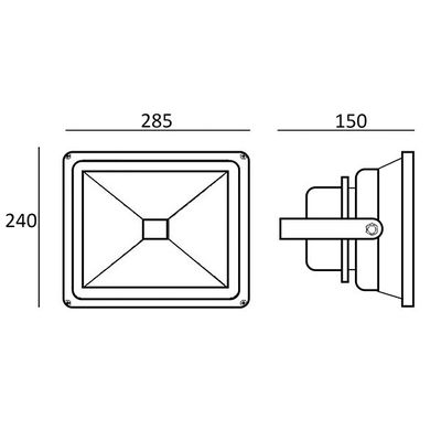 Teknisk ritning av en rektangulär LED-strålkastare: vy framifrån och från sidan, mått 285 mm bredd, 240 mm höjd, 150 mm djup.