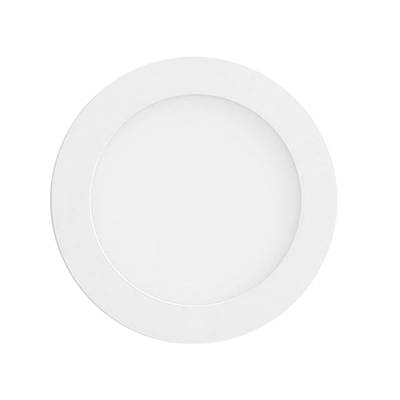 Rund vit LED-taklampa, energieffektiv belysningslösning med kontrasterande svart bakgrund.