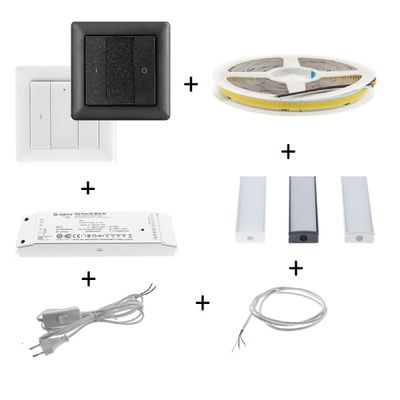 LED-belysningsdelar: svart strömbrytare, LED-remsa, styrenhet, två stänger, nätsladd, grå kabel