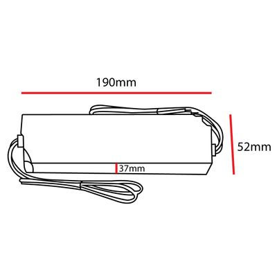 Linjeritning av en rektangulär LED-kontroller, mått markerade: längd 190 mm, bredd 37 mm, höjd 52 mm. Kabeln sträcker sig från ena änden.