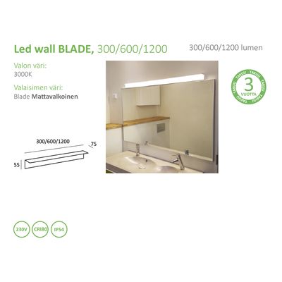 Badrum med stor spegel, LED-vägglampa, handfat med kromad kran; produktdetaljer visas till vänster. Perfekt LED-belysning för ditt utrymme.