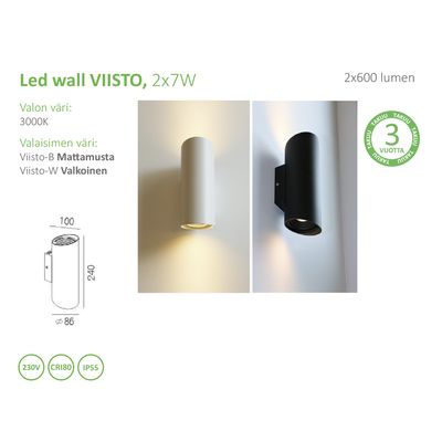 "Svartvita cylindriska LED-vägglampor med produktinformation och en 3-årig garantietikett för det ledande LED-belysningsföretaget SEO.