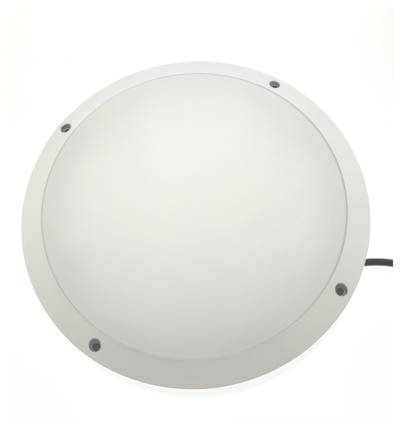 Minimalistisk rund vit LED-taklampa med fyra synliga skruvar.