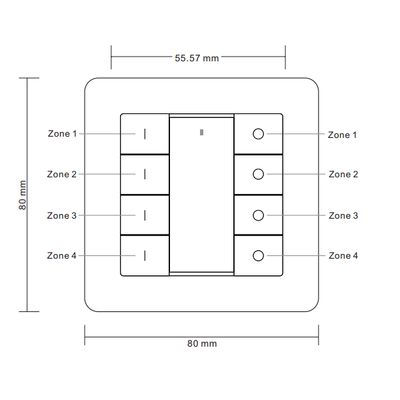 Schema över en intelligent LED-ljusströmbrytare, 80x80 mm, med fyra zoner märkta Zone 1 till Zone 4, idealisk för exakt styrning och anpassning av belysningen.