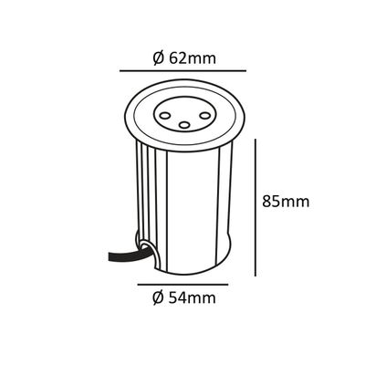 Diagram över en cylindrisk LED-armatur med måtten: höjd 85 mm, toppdiameter 62 mm, bottendiameter 54 mm och kabel ansluten.