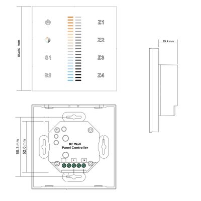 Schematisk bild av RF-styrenhet för väggpanel, framifrån och från sidan; inkluderar knappar och mått i millimeter för styrning av LED-belysning.
