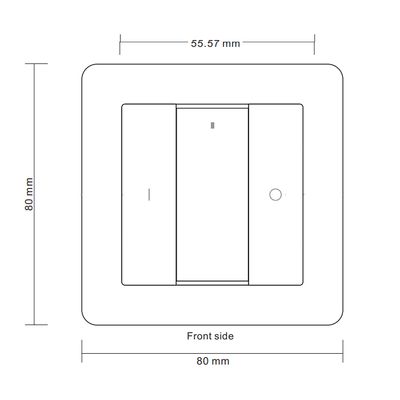 Alternativ text: teknisk ritning av en fyrkantig elektrisk strömbrytare, framifrån; mått markerade: 80 mm sele, centrum 55,57 mm.