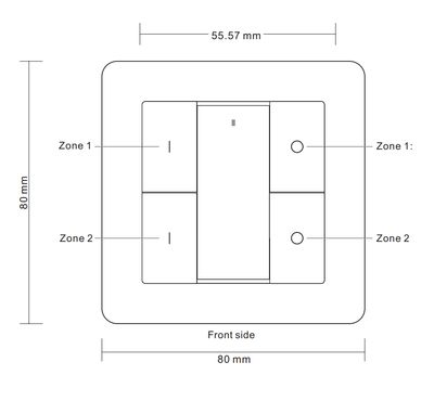 Schema över en kvadratisk 80x80 mm elektrisk strömbrytare med markerade zoner: zon 1 och zon 2. Idealisk för LED-belysningsinstallationer.