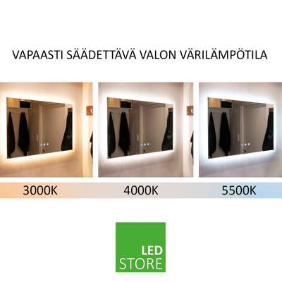 Tre speglar med justerbar färgtemperatur (3000K, 4000K, 5500K) med texten "Fritt justerbar ljusfärgtemperatur". Grön LED Store-logotyp under.