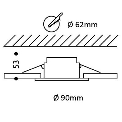 Teknisk ritning av en infälld LED-armatur med 62 mm bländaröppning, 90 mm diameter och 53 mm djup