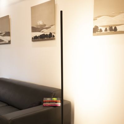 Minimalistiskt rum med svart skinnsoffa, en trave böcker, belysning med vertikala pelare; monokroma landskapsbilder på väggen förstärker den omgivande LED-belysningen.