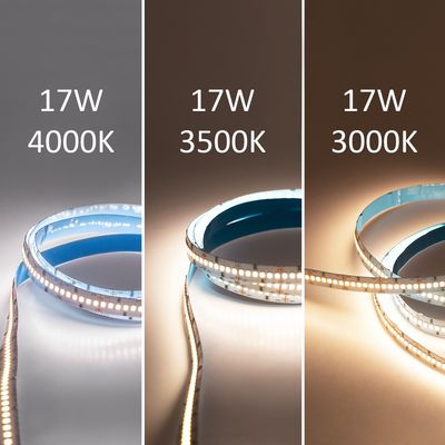LED-remsor som visar färgtemperaturer: 4000K kallvitt, 3500K neutralvitt, 3000K varmvitt, alla förbrukar 17W. Förbättra belysningsatmosfären.