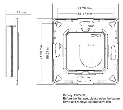 Schema över en fyrkantig LED-enhet som visar mått och batterifack för CR2450 med installationsanvisningar.