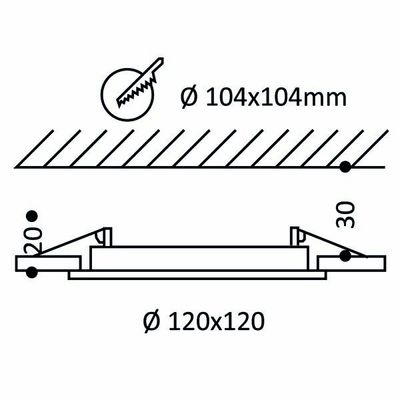 Diagram över en infälld LED-armatur med 104 x 104 mm bländaröppning, 120 x 120 mm storlek och sidoprofil för detaljerade mätningar.