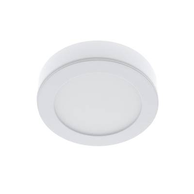 Minimalistisk vit cirkulär LED-taklampa som tittar ner mot en vit bakgrund - modern ljusdesign