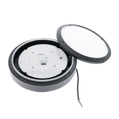 Rund LED-taklampa med öppet svart hölje, synlig kabeldragning och kretskort med flera små LED-lampor i modern design.