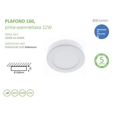 Ytmonterad LED PLAFOND 160 12W, IP54, dimbar, hög CRI90, 4000K