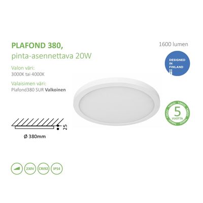Rund vit taklampa, utanpåliggande, 1600 lumen, 380mm, 20W, IP54-klassad, finsk design. Finns i 3000K/4000K. Perfekt alternativ för LED-belysning.