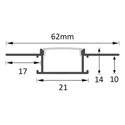 Tekniskt diagram över LED-lampan: Bredd 62 mm, höjd 17 mm. Delarna är synliga på 21 mm, 14 mm och 10 mm höjd för noggrannhet.