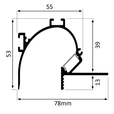 Teknisk tvärsnittsritning av komponenten: bredd 78 mm, höjd 53 mm, invändig höjd 39 mm och bashöjd 13 mm. Optimala lösningar för LED-belysning.