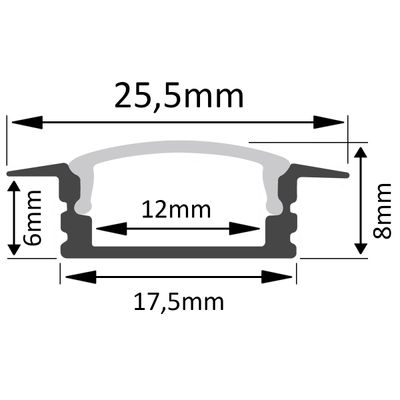 Tvärsnittsdiagram som visar ett objekt med en bredd på 25,5 mm, en höjd på 8 mm och 6 mm, en bas på 17,5 mm och en inre bredd på 12 mm. Perfekt för LED-belysning.
