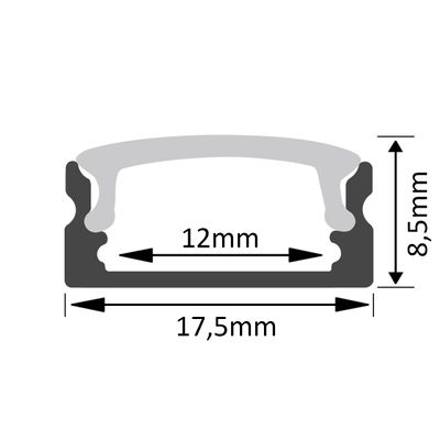 Tätningsprofildiagram: 17,5 mm bredd, 12 mm invändig bredd, 8,5 mm höjd - Perfekt för LED-belysningsinstallationer.