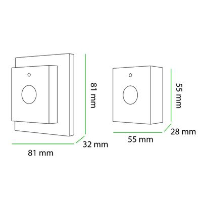 Diagram med två LED-styrenheter, den ena 81x81x32 mm, den andra 55x55x28 mm, båda med en rund knapp på framsidan.