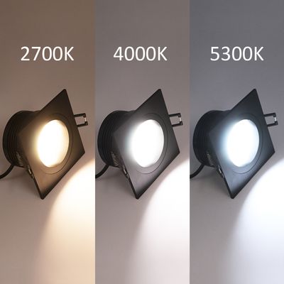 Tre fyrkantiga LED-lampor med olika färgtemperaturer: 2700K (varm), 4000K (neutral) och 5300K (kall).
