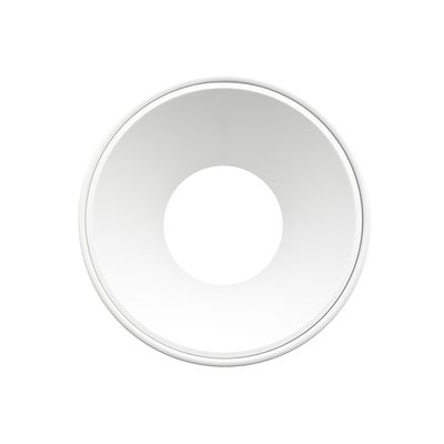 Rund vit LED-väggarmatur med centralt indrag, minimalistisk design, framifrån. Idealisk för moderna belysningslösningar i hemmet eller på kontoret.