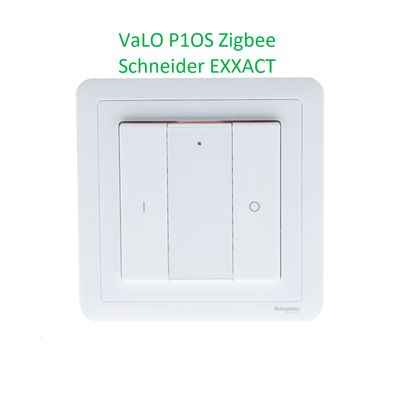 Alternative text: "White Light P1OS Zigbee Schneider EXXACT väggströmbrytare med två knappar på en slät bakgrund, perfekt för styrning av LED-belysning.