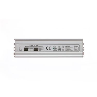 LED-kontroller, 24V 50W, rektangulär; frontpanel med certifieringsetiketter och specifikationer, idealisk för effektiva och tillförlitliga LED-belysningslösningar.