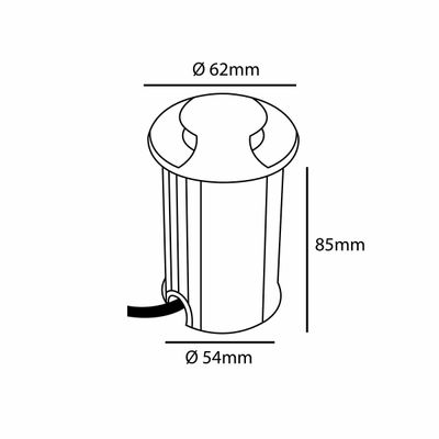 Linjeritning av en 85 mm hög cylinder med kabel, toppdiameter 62 mm, bottendiameter 54 mm; idealisk som designreferens för LED-armaturer.