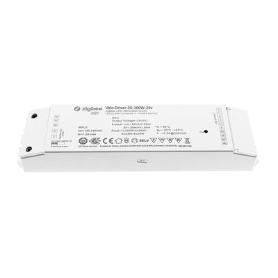 Alternative text: "Zigbee LED-kontroller Light-Driver-ZG-100W-24V, rektangulär design med utanpåliggande information och modellnummer för LED-belysningssystem.