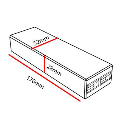 Isometrisk bild av en 2-ports Ethernet-switch med måtten markerade: 170 mm L, 52 mm L, 28 mm H; LED-belysning butik SEO-fokus.