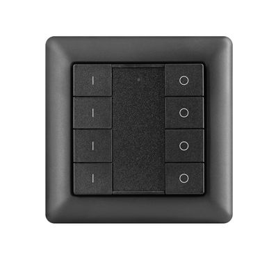 Svart strömbrytare med flera knappar och fyrkantig ram; perfekt för styrning av modern LED-belysning.