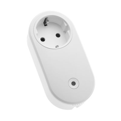 "Smart stickproppsadapter med rund kontakt och knapp, vit design, rät vinkel med vit bakgrund - perfekt för automatisering av LED-belysning.