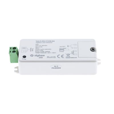 Vit LED-dimmer "YAlo-2G-V1236-8A" med Zigbee; visar kabelanslutningar och specifikationer för optimerad ljusstyrning.
