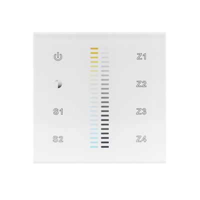 Den vita digitala pekpanelen har en strömknapp, S1- och S2-sensorer och Z1-Z4-zondetektorer med färgfält för styrning av LED-belysning.